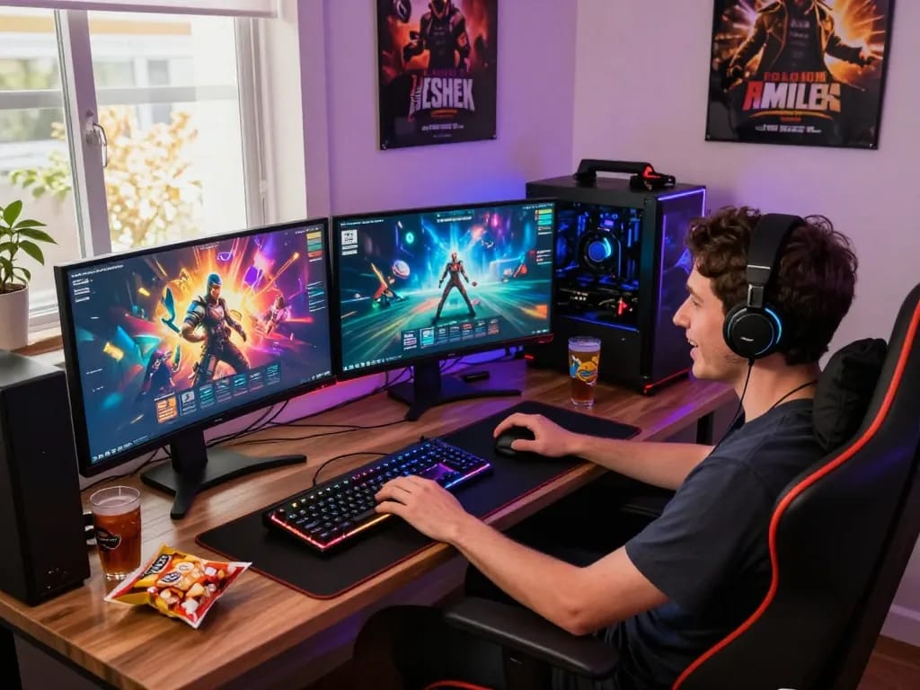 Player enjoying online porn games in a vibrant gaming setup with multiple screens.