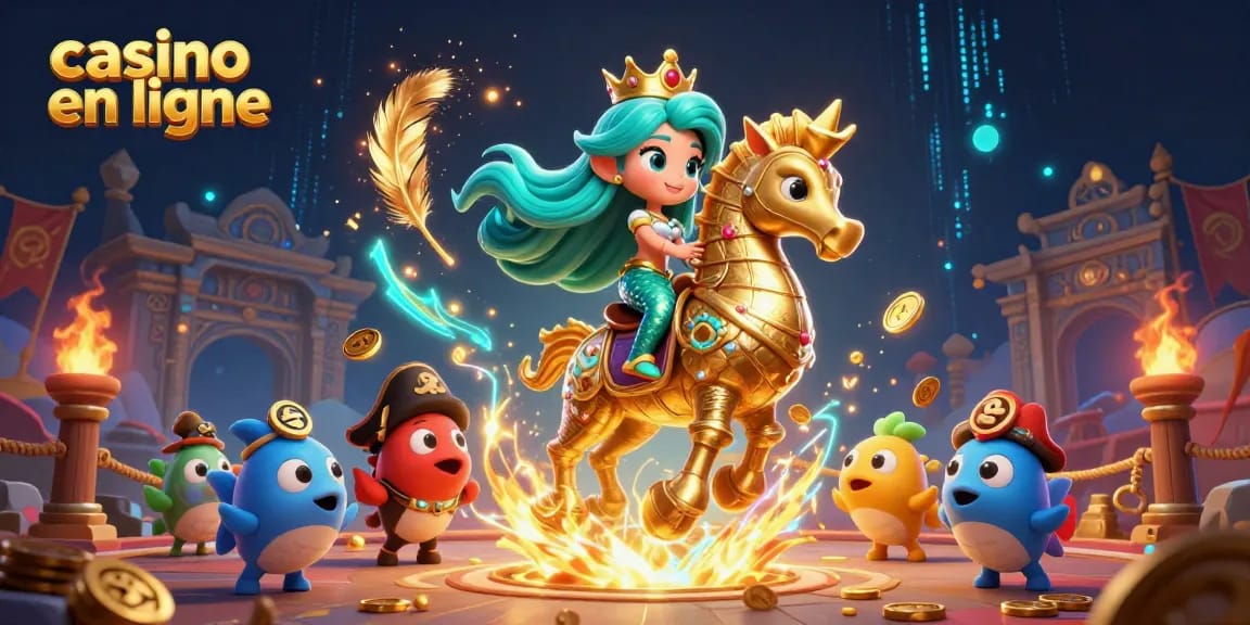 Illustration dynamique de casino en ligne avec une princesse sirène, un hippocampe et des poissons colorés