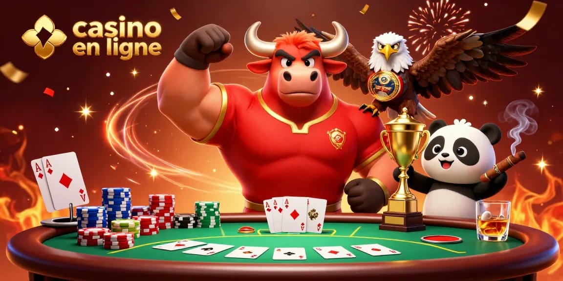 Activer le casino en ligne avec une illustration dynamique d'un bull, aigle et panda célébrant autour de jeux.
