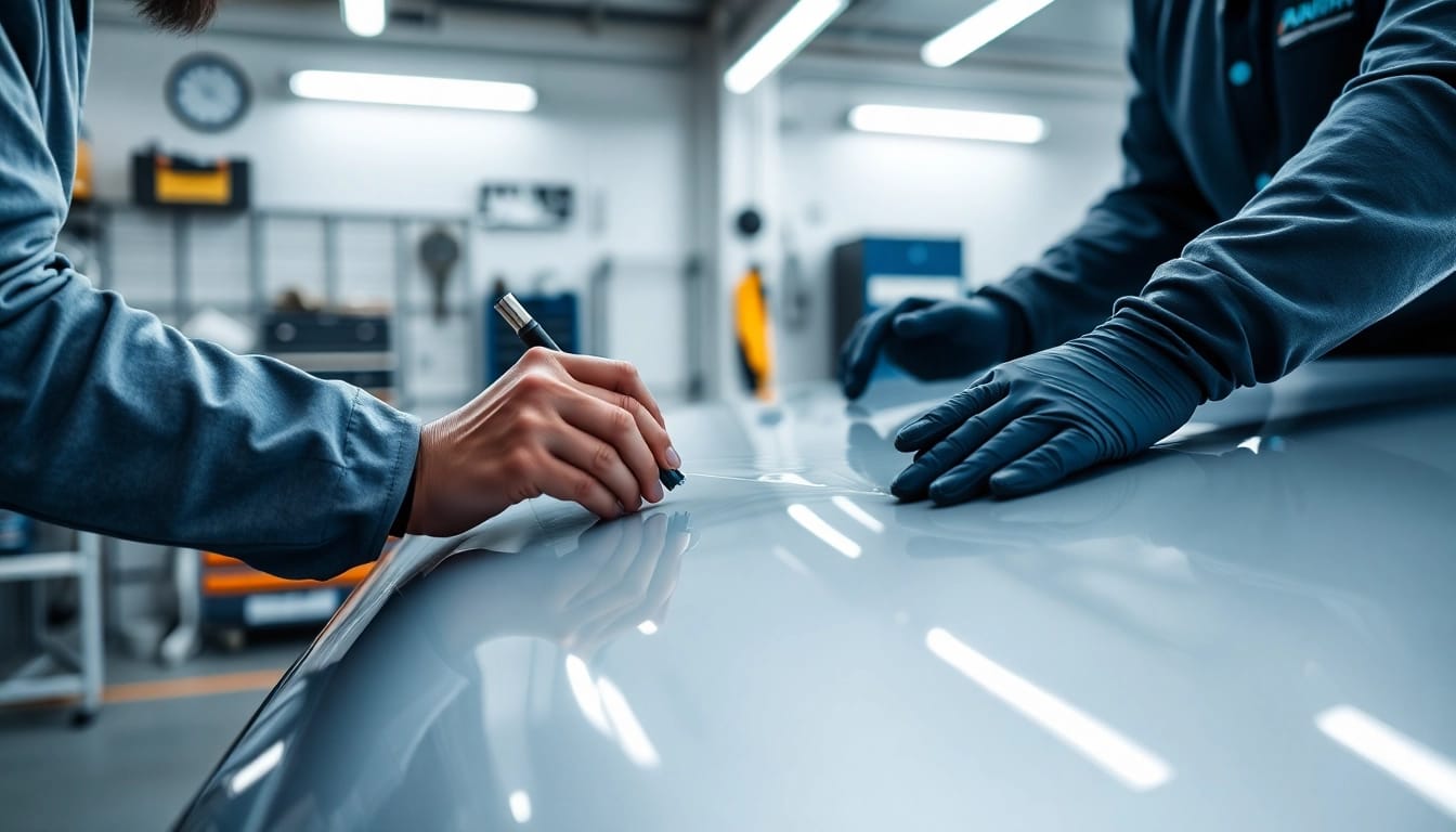 Applying PPF winter road salt protection with precision on a luxury sedan to ensure optimal protection.