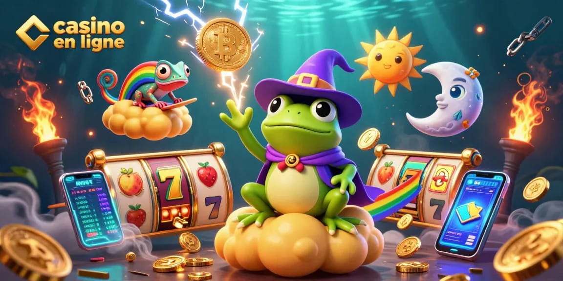 Jouer sur un casino en ligne avec un sorcier grenouille et des pièces d'or éclatantes.