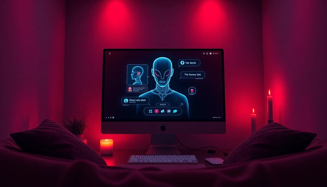 Engaging scene of nsfw ai chatbots in a cozy, intimate virtual space illuminated by soft lighting.