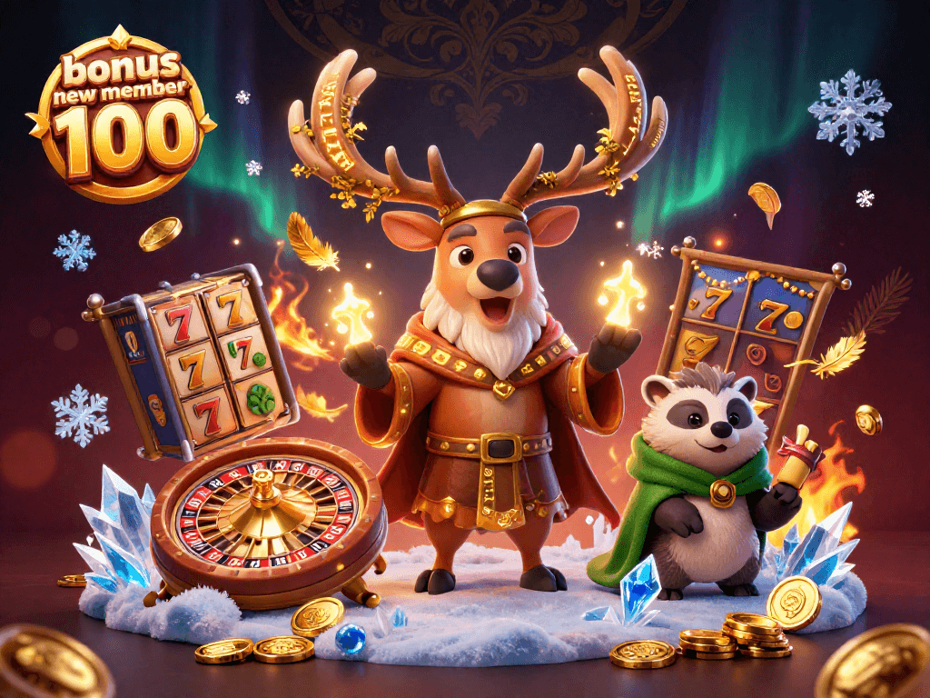 Experience exciting wins with bonus new member 100 featuring a druid stag, badger, and vibrant casino elements.