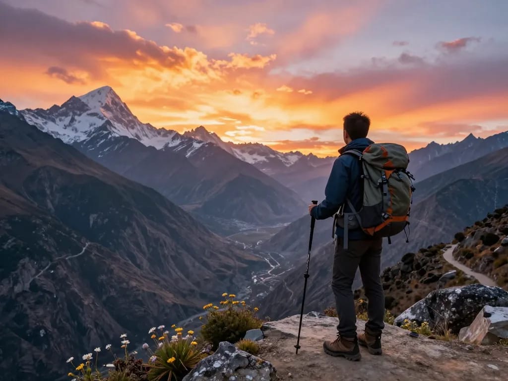 Annapurna Circuit trekker at sunset, overlooking majestic mountains, embodying adventure and exploration.