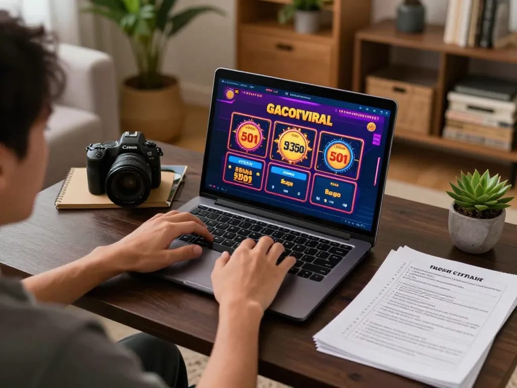 Engaging in slot gacor viral gameplay on a laptop at home, showcasing strategic gaming setup.