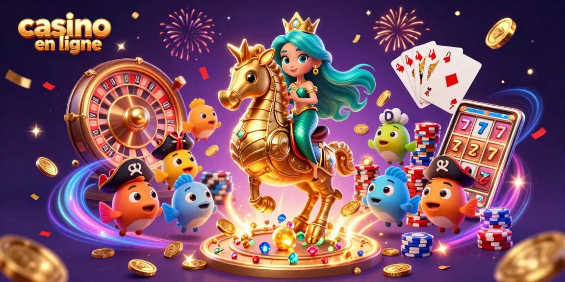Une scène animée captivante de casino en ligne avec une princesse sirène et ses alliés au milieu d'éléments de jeu.