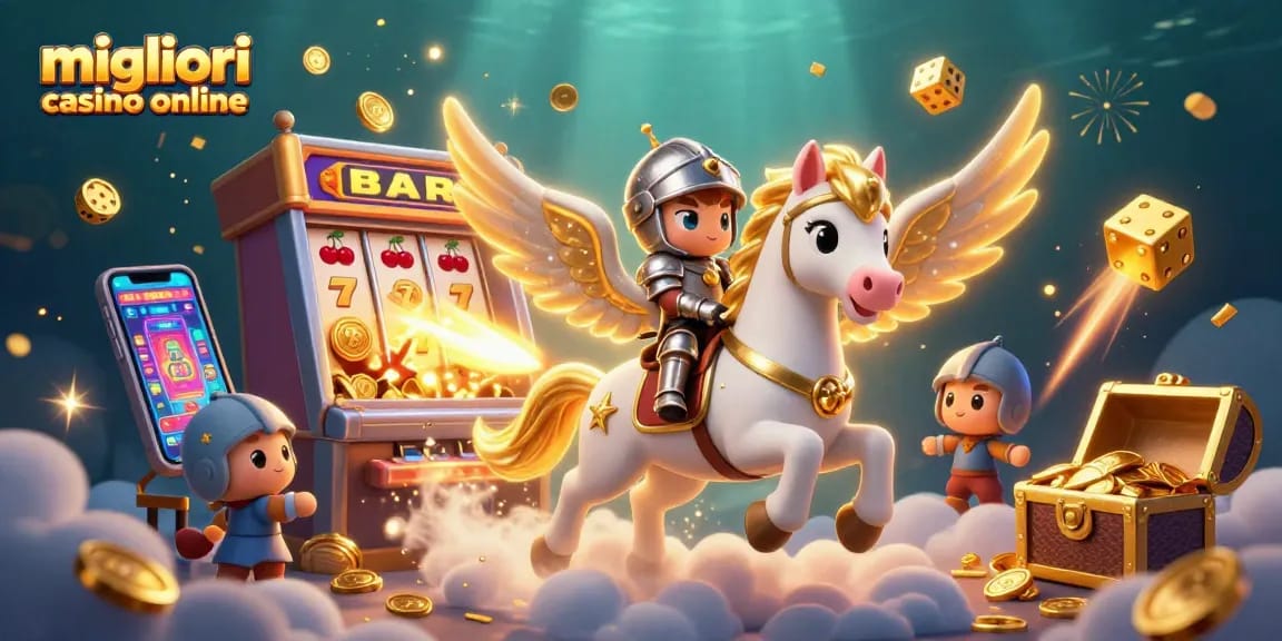 Scopri i migliori casino online attraverso un'avventura con un cavallo celestiale e simboli di gioco vibranti.