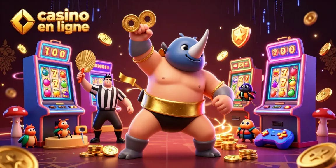 Un casino en ligne vibrant, avec un scarabée sumo champion envoyant des pièces d'or et des machines à sous colorées.