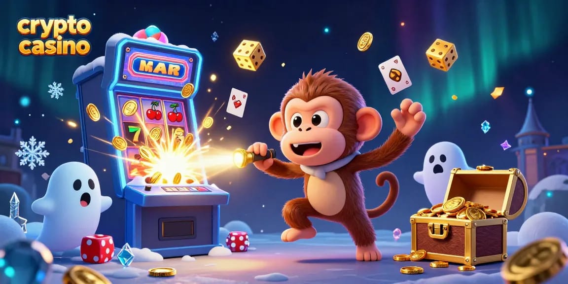 Illustration dynamique d'un crypto casino avec un singe poltergeist et un chiot chasseur de fantômes, jouant avec des pièces, jetons et autres symboles.