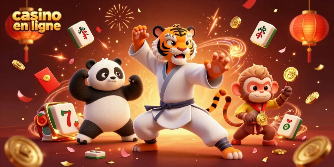 Explore les jeux de casino en ligne avec un tigre maître kung-fu et un panda, entourés d'éléments dynamiques.