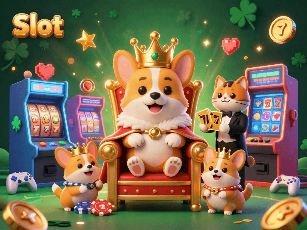 Engage with vibrant Slot gaming action featuring a royal corgi, cat butler, and lively arcade elements.