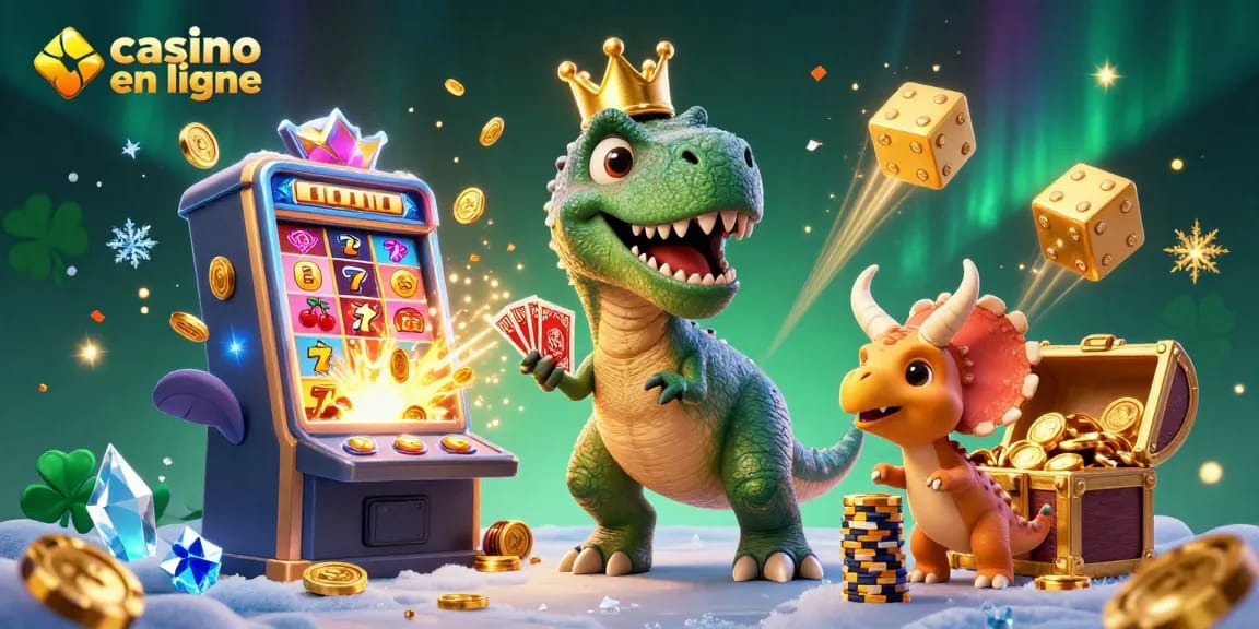 Une illustration 3D représentant un T-Rex jouant aux cartes dans un casino en ligne, entouré de machines à sous et de jetons.