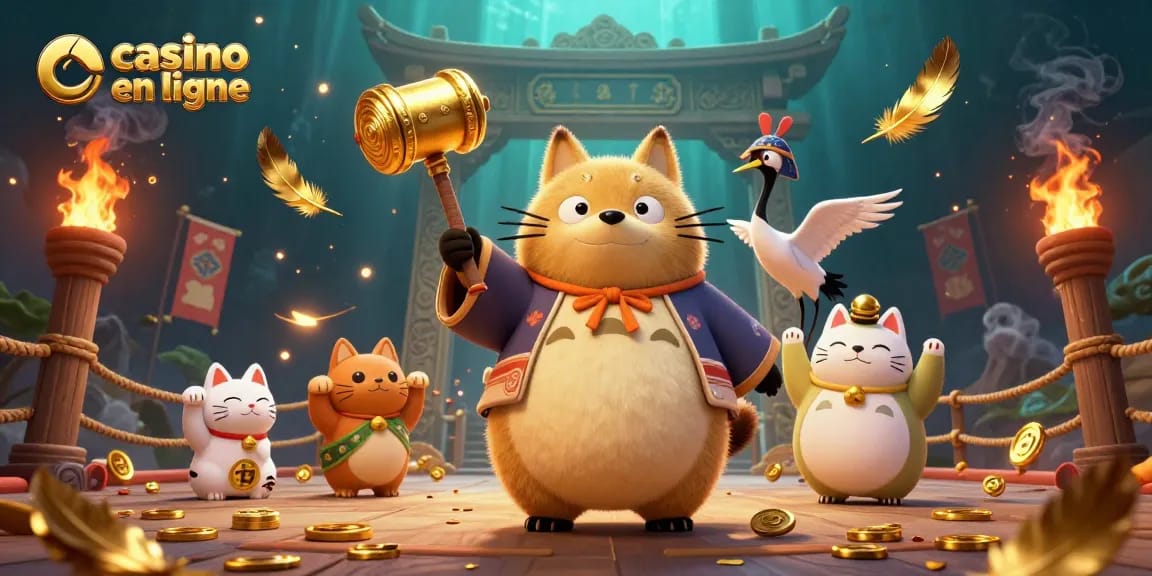 Jouez au casino en ligne avec un tanuki chanceux et des maneki-neko dans une scène festive