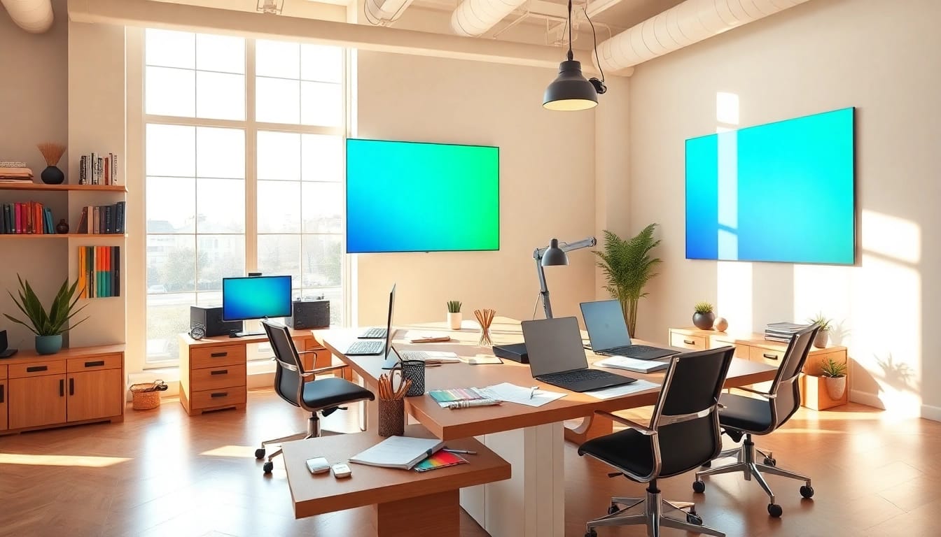 Hüsig Webdesign Marketing - Kreatives Büro mit modernen Webdesign-Tools und bunten Bildschirmen.