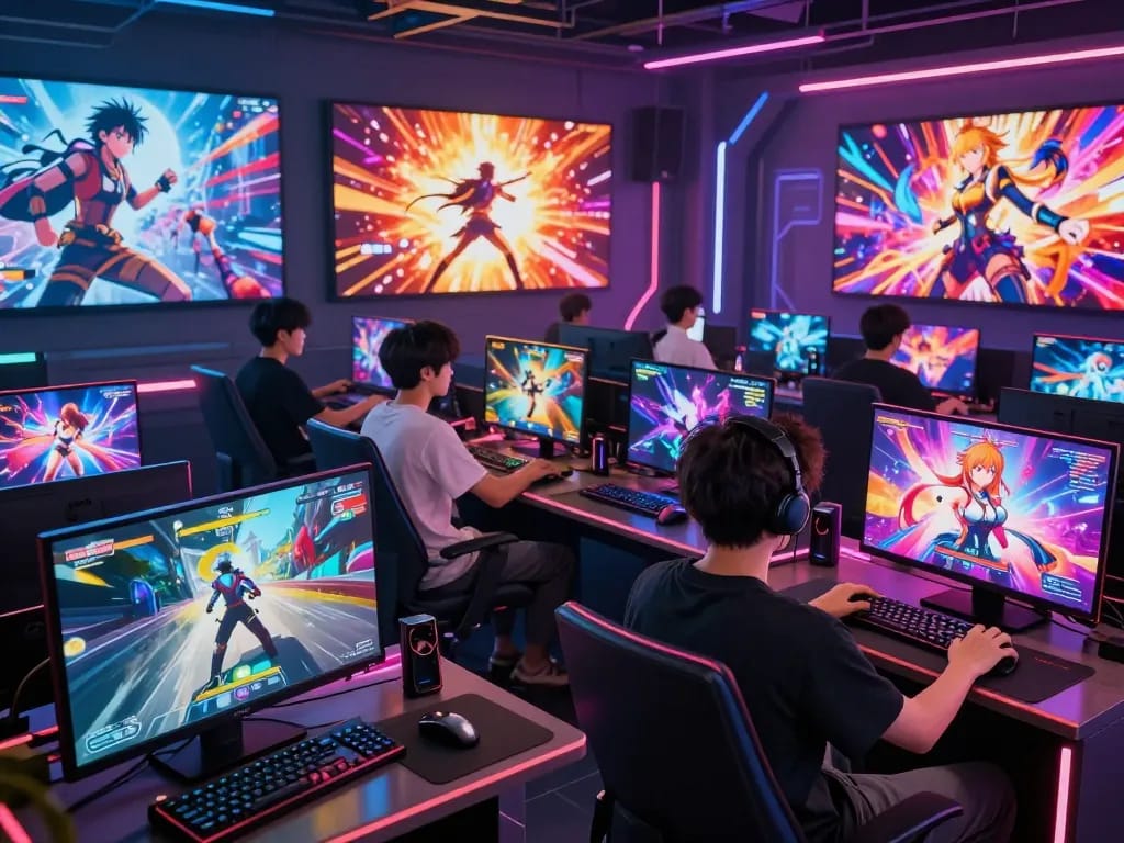 Exciting gaming scene with players enjoying engaging hentai game experiences in a vibrant, futuristic setting.