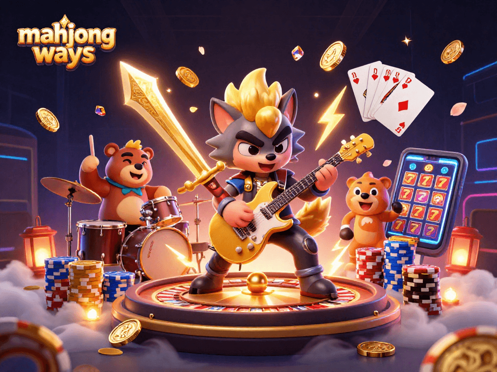 Menangkan mahjong ways dengan simbol slot mengkilap dan harta karun mengalir dalam ilustrasi kasino berwarna-warni.