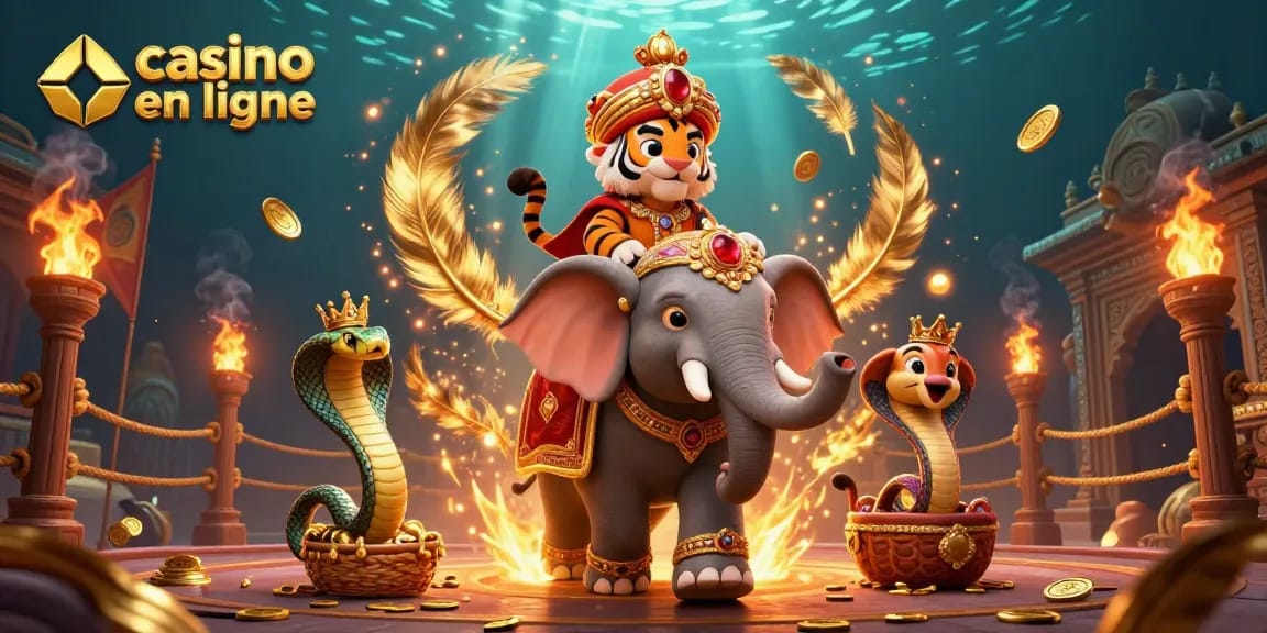 Visitez le casino en ligne avec un héros unique sur un éléphant décoré, entouré d'effets de jeu captivants.