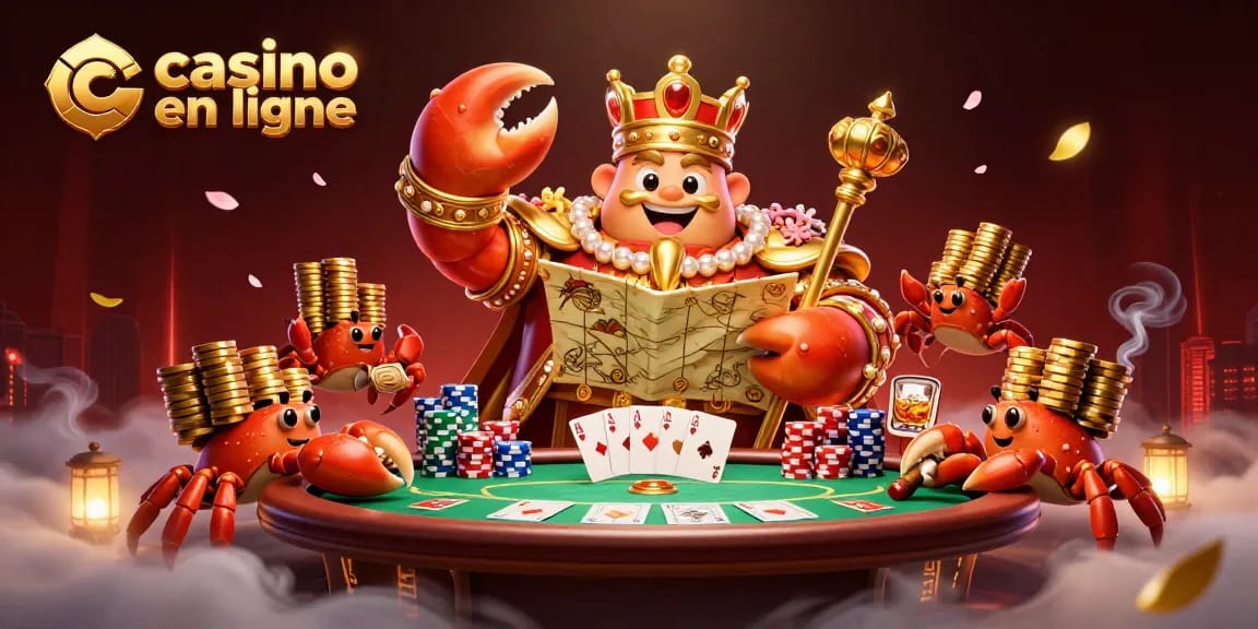 Cette illustration dynamique représente un crabe empereur d'or avec un sceptre et une carte au trésor, symbolisant le casino en ligne.