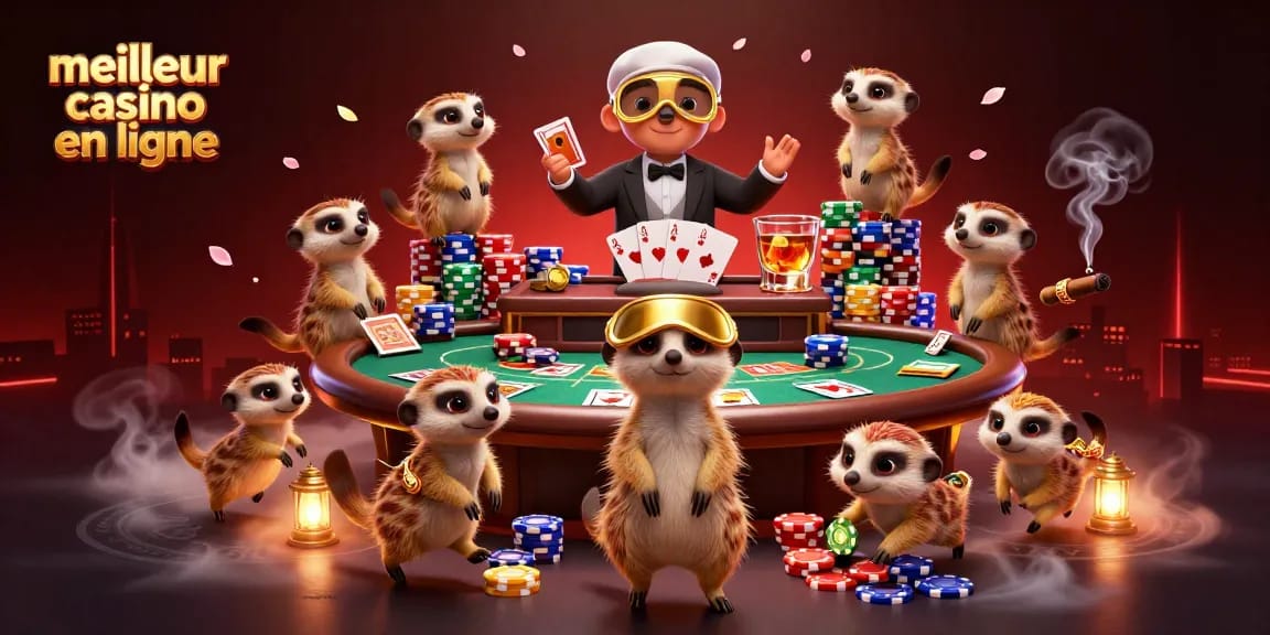 Les suricates gèrent un casino dynamique dans l'illustration "meilleur casino en ligne", illustrant l'animation du jeu.