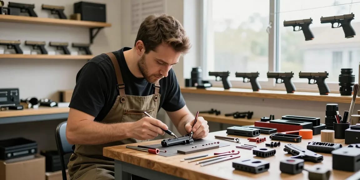 Precision Glock slides customization in a well-equipped workshop showcasing https://precisionglockslides.com aftermarket parts.