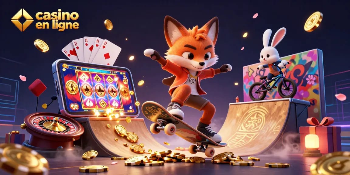 Des jeux de casino en ligne animés avec un renard skateboarder et un lapin BMX entre poker et machines à sous.