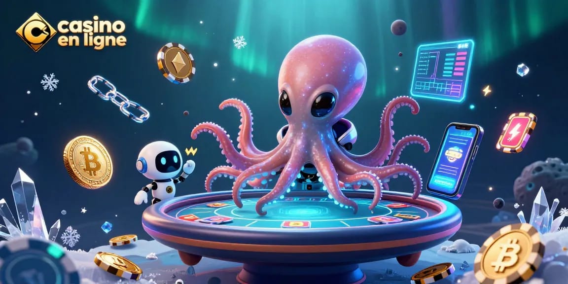 Jouer au casino en ligne avec une illustration de poker holographique d'un extraterrestre et un robot