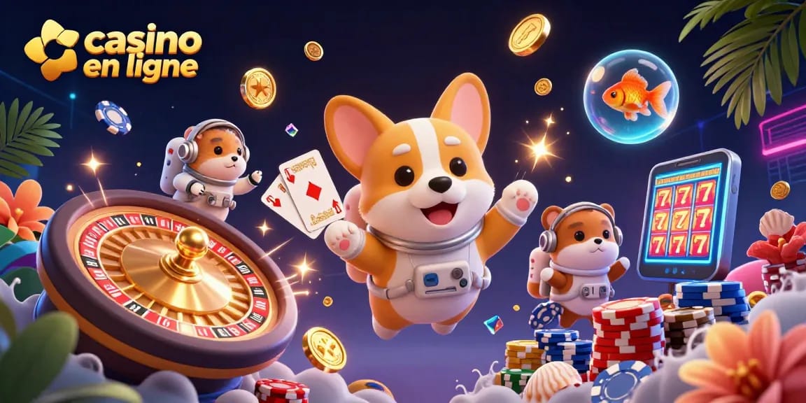 Des joueurs s'amusent dans un casino en ligne avec un corgi astronaute et un hamster, entourés de pièces d'or.