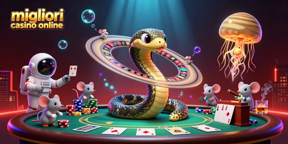 Esplora i migliori casino online con un serpente di Saturno e astronauti topi in azione su un tavolo da poker.