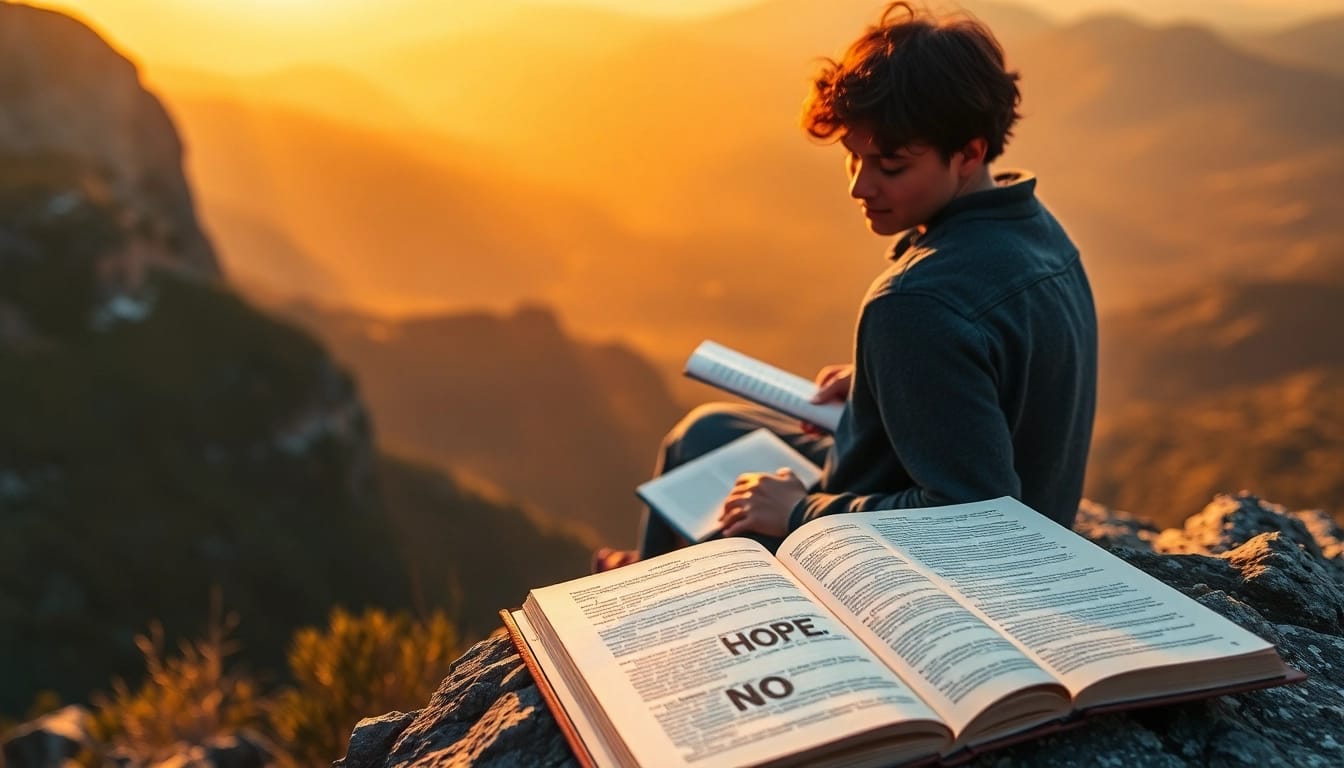 Person journaling about their Motivational Memoir during a serene sunrise outdoors.