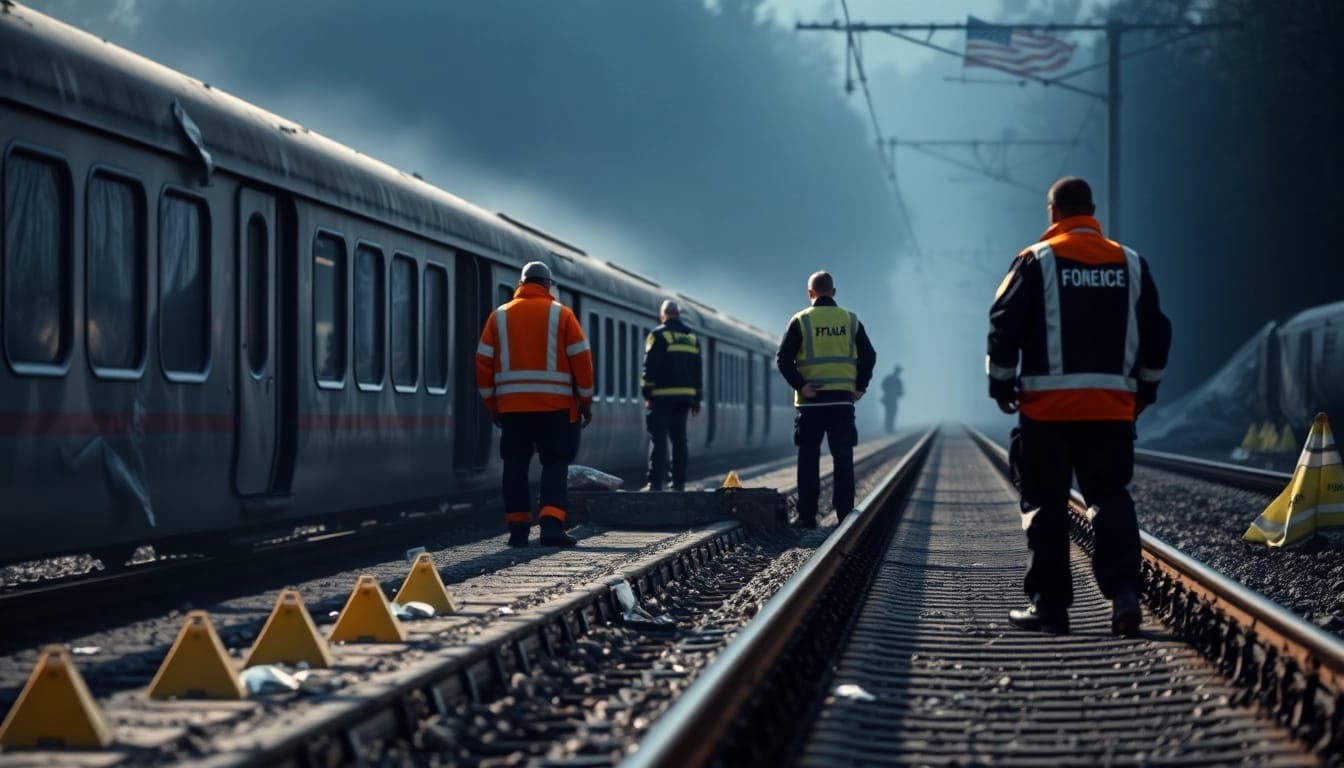 Emergency responders inspect the site of a spain train crash with damaged cars and railway tracks.