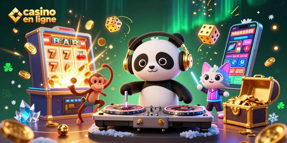 Plongez dans l'univers du casino en ligne avec un DJ panda et un singe dansant au milieu de symboles de jeux.