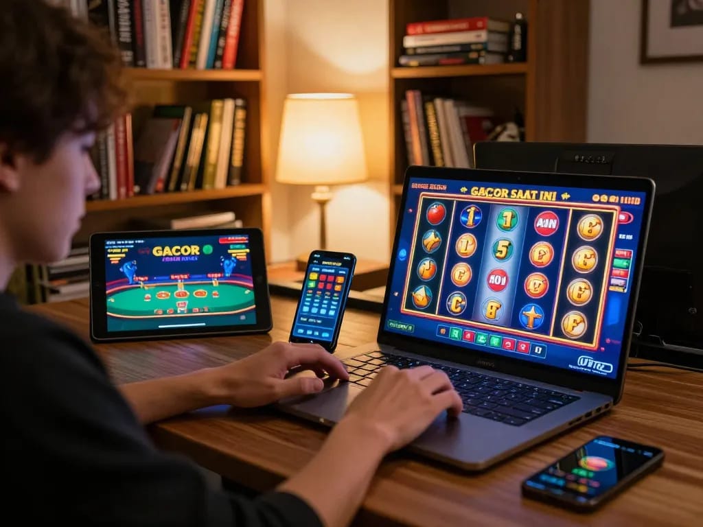Engaging online gambling moment featuring slot gacor saat ini gameplay on a laptop while using a tablet for strategy