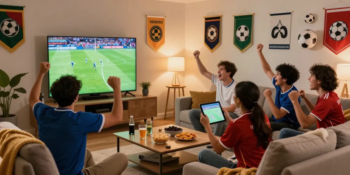 Excited friends watching live koora in a modern living room with snacks and team jerseys.