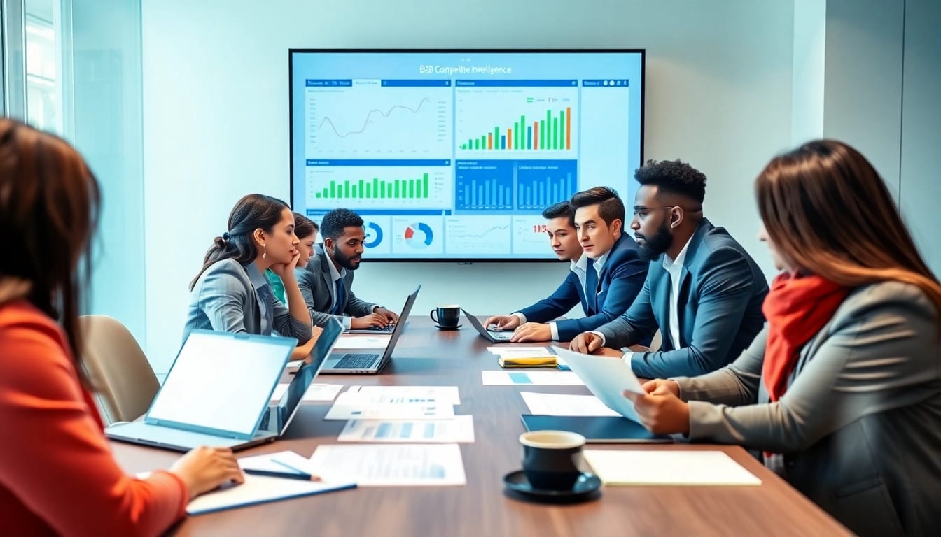 Analyze B2B competitive intelligence in a collaborative business meeting with diverse professionals.