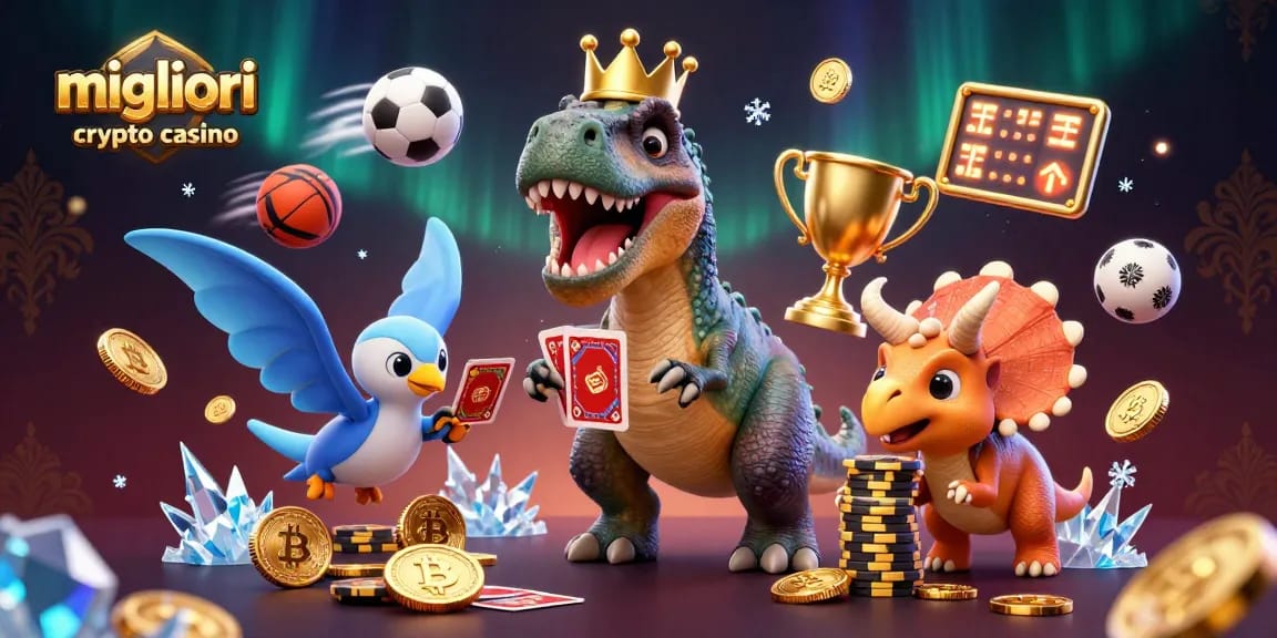 I migliori crypto casino presentano un T-Rex e un triceratops in un gioco strategico di carte tra monete Bitcoin ed Ethereum.