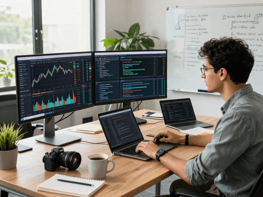Real-time analysis of the India quant trading stock API in a modern fintech workspace with developers collaborating.