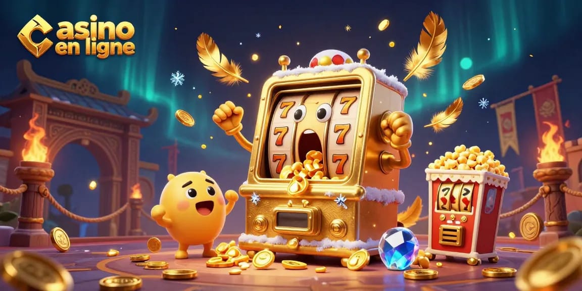 Célébrez le jackpot dans ce casino en ligne avec une machine à sous dorée joyeuse et des machines plus petites, créant une ambiance festive.