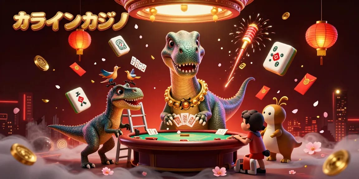 オンラインカジノでのエキサイティングな体験を体現した、巨大な恐竜が小さなポーカーテーブルを見下ろすシーン。