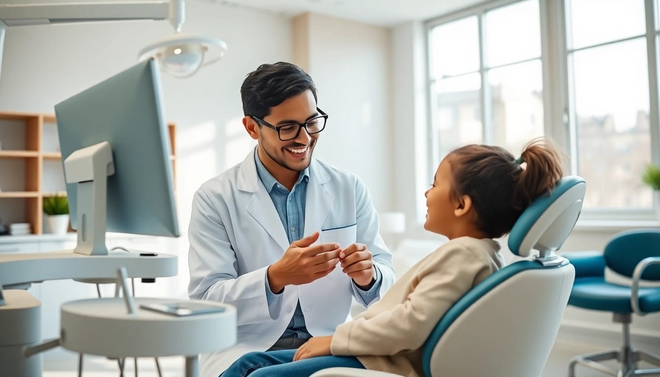 Engaging edmonton orthodontist assisting a young patient in a modern clinic.
