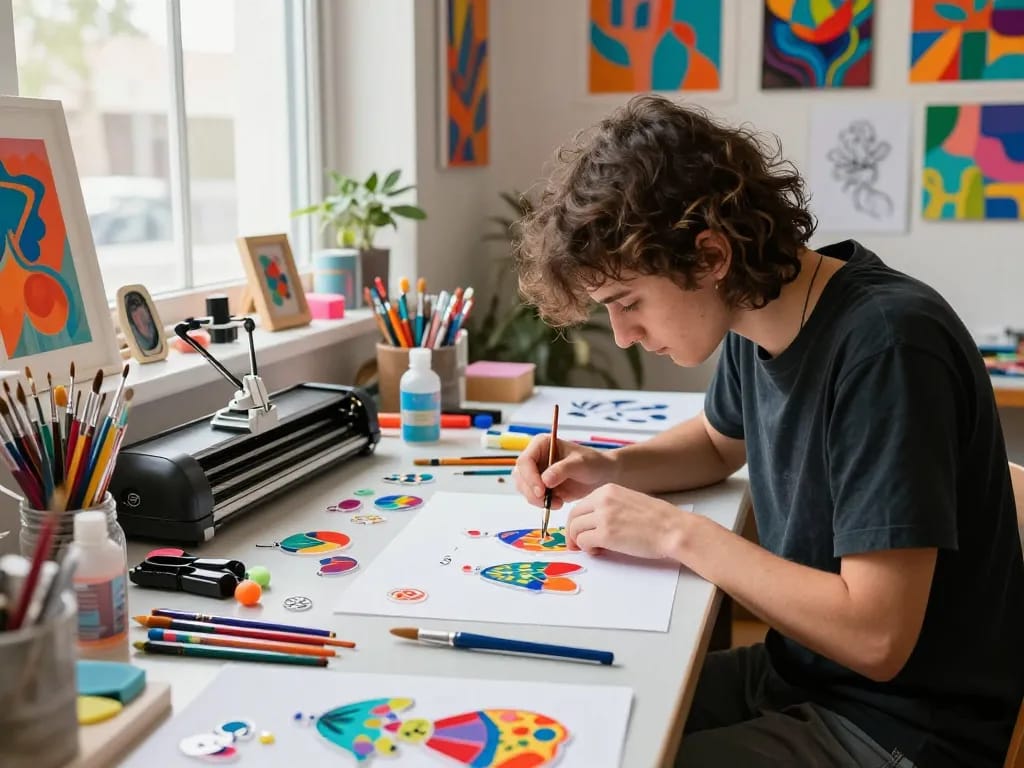 Creating custom acrylic charms with artistic designs in a vibrant studio.