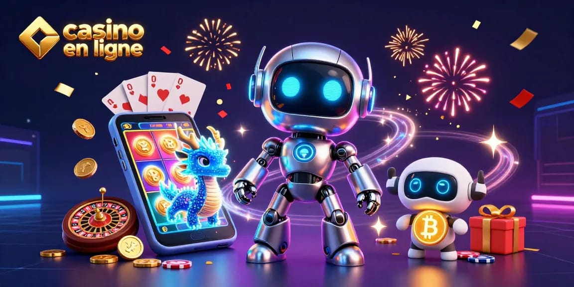 Jouer à un casino en ligne avec un robot futuriste et un dragon holographique entouré de jeux lumineux.