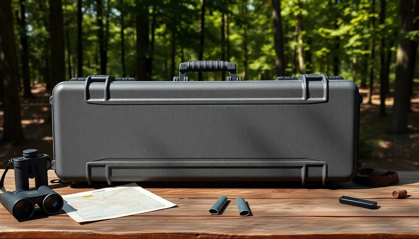 Showcase pelican rifle case on a wooden table with outdoor gear in a natural forest setting.