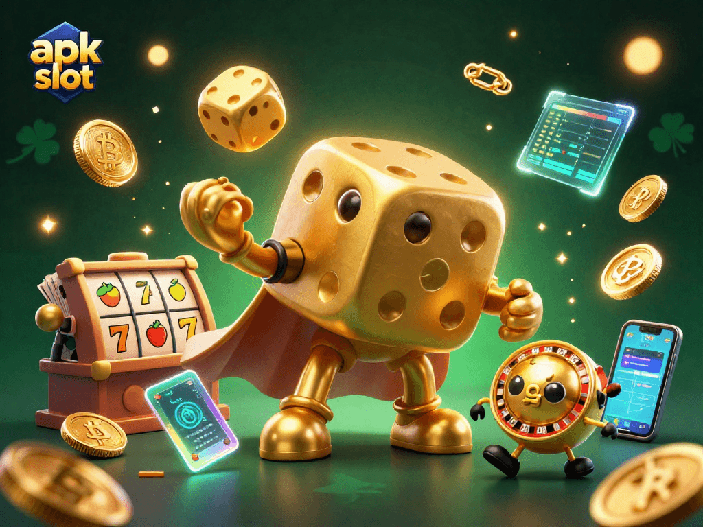 Menangkan jackpot dengan apk slot, tampilan ilustrasi kasino 3D yang kaya detail.