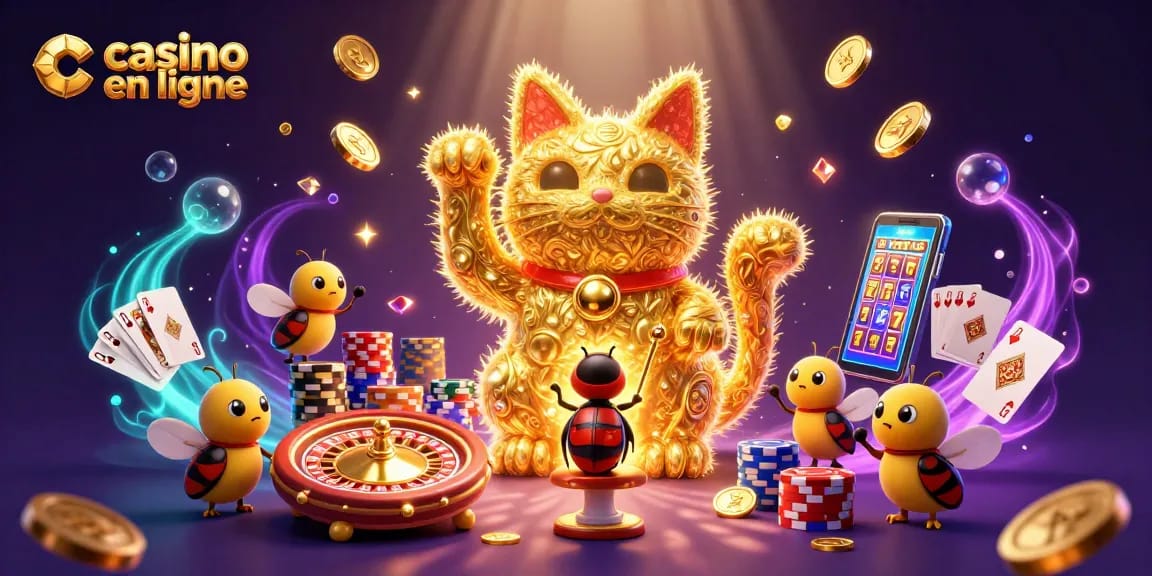 Profitez d'une expérience de casino en ligne captivante avec un chat porte-bonheur et des symboles de jeu.