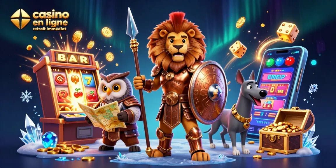 Jackpot explosif dans un casino en ligne retrait immédiat, avec un lion guerrier et une stratégie lucrative.