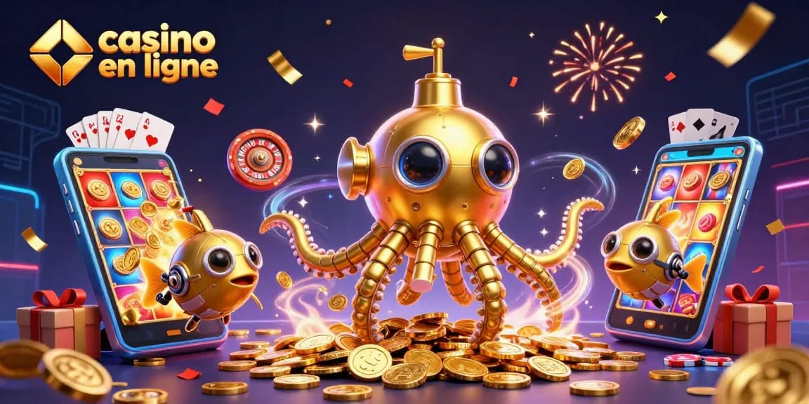 Jouez à des jeux de casino en ligne tout en admirant une illustration 3D de kraken doré sur un océan de pièces.
