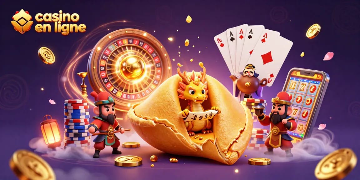 Illustration d'un casino en ligne avec un cookie fortune géant, un dragon sage et des personnages de casino.