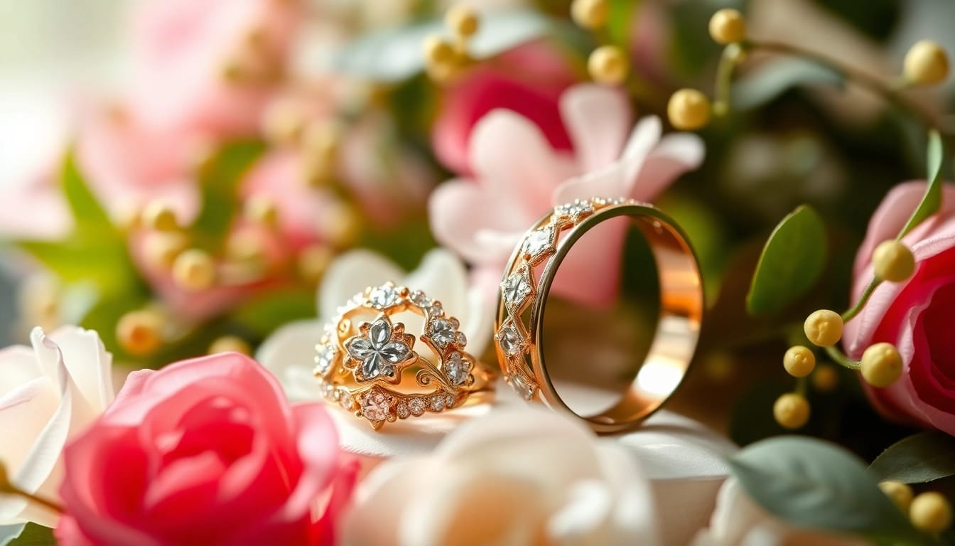 Couple rings beautifully displayed, showcasing intricate designs and a romantic atmosphere.