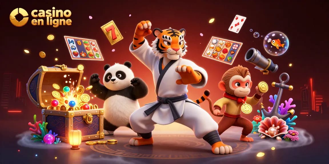 Casino en ligne : illustration dynamique de personnages de kung-fu dans un casino vibrant avec des machines à sous.