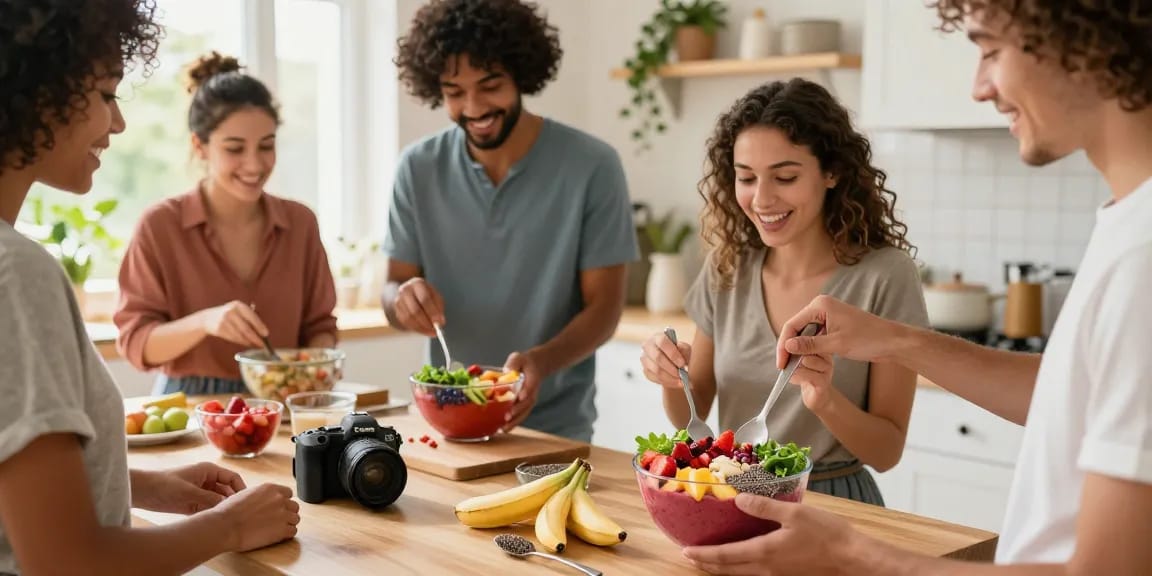 Vegan astaxanthin smoothie bowl preparation in a sunlit kitchen, showcasing fresh ingredients.